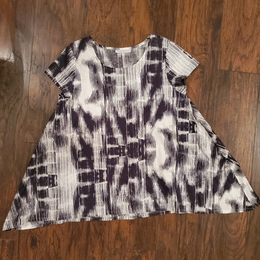 Bryn Walker Linen Abstract Print Short Sleeve Side Draped Hem Tunic Size…